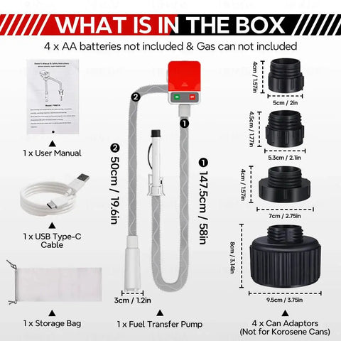 Auto Stop Fuel Transfer Pump Portable Gas Can Pump With USB Type C Or Battery Power, 3.2 GPM, shown with 51 inch hose and adapters