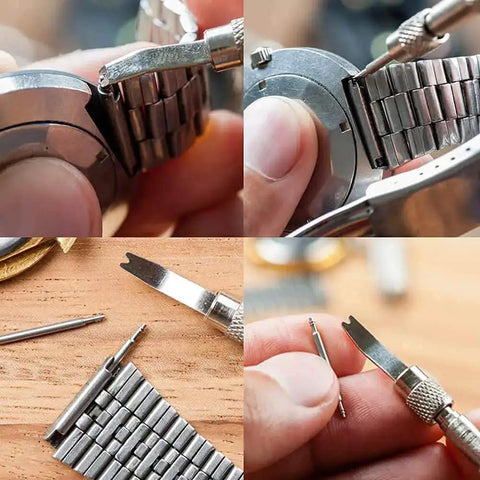 Must Have Spring Bar Tool Kit For Watch Bands With Link Remover And Pin Removal, Band Adjustment, Includes 10 Extra Tips, Small Spring Bar Tool, Cleaning Cloth, And User Manual For Easy Repairs shown in use and components.