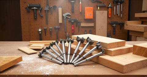 Forstner Drill Bit Set 15 To 35mm, 16 Pcs Pro Grade Tungsten Carbide Bits for woodworking displayed on a workbench with wood pieces.