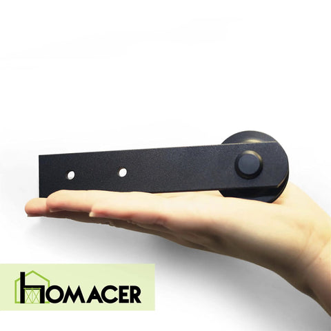 Mini Black Rustic Non Bypass Sliding Barn Door Hardware Kit For Two Doors 36 Inch Flat Track With Straight Rollers shown in hand