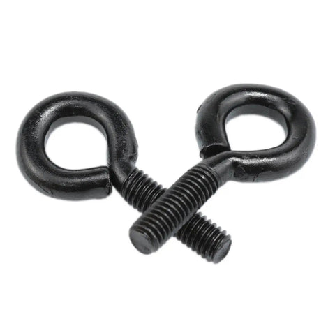 Beefy Black Carbon Steel Eye Bolts With Nuts And Washers 1 Quarter By 3 Quarter Inch Lifting Ring Hooks For Fence, Threaded Machinery, Front View