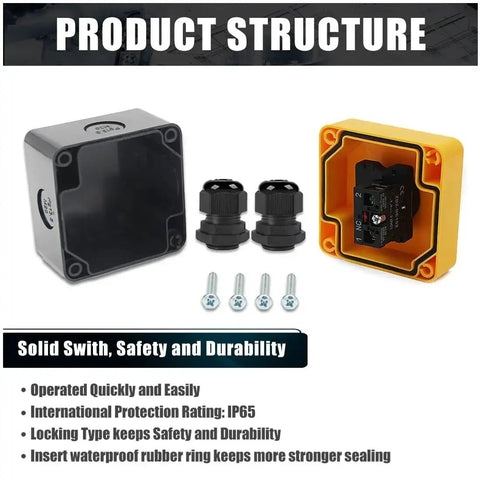 Emergency Stop Push Button Switch 1NC 10A 660V With IP65 Waterproof Box And PG13.5 Black Connectors, screws, and assembly view.