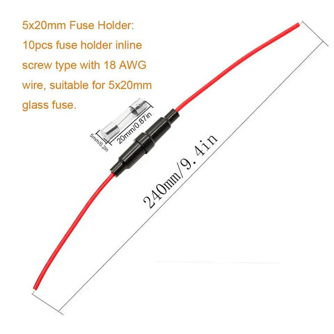 Inline Fuse Holder Kit With Ten 18 AWG Screw Type Fuse Holders And One Hundred Fifty Quick Blow 250V Fuses In Multiple Ratings