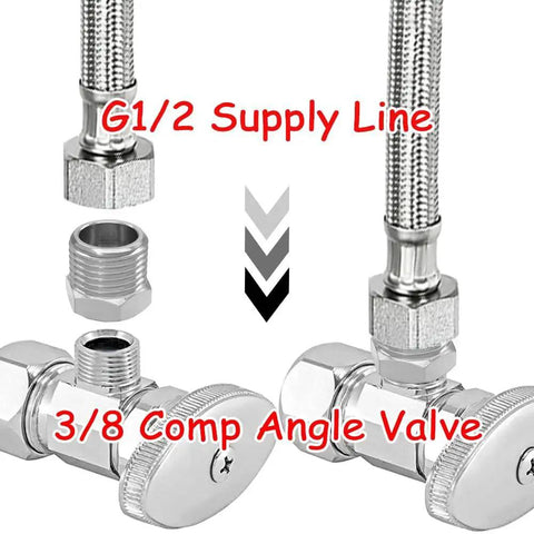 Three Piece Water Line Adapter Set Half Inch Male To Three Eighths Inch Female Reducer Brass Nickel Plated Compression Fittings