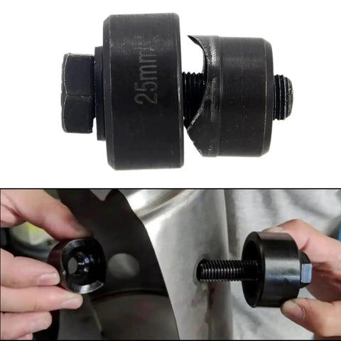 Pro Grade Metal Sheet Knockout Box Hole Cutter Die Set 25mm for precise conduit punches in sheet metal, showing front and installed view.