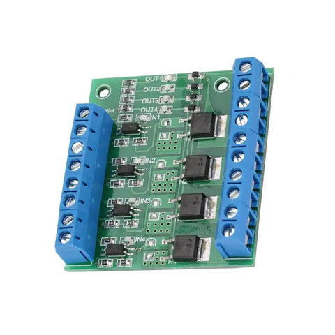 4 Channel MOSFET PWM Driver Module 3-20V To 3.7-27VDC 10A PLC Amplifier with blue connectors, top view