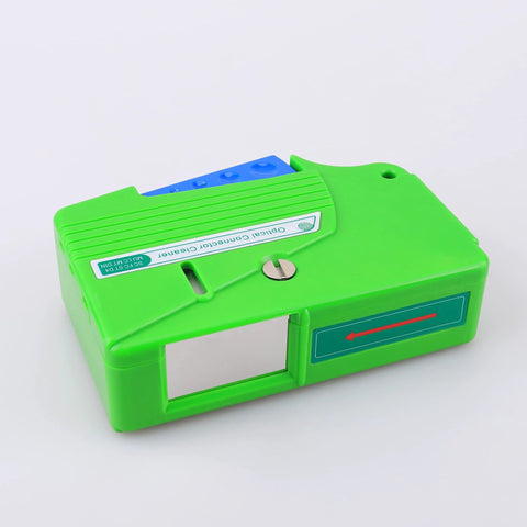 Green 4-in-1 fiber optic cleaner pen kit with blue top; compact handheld tool for connector endfaces.