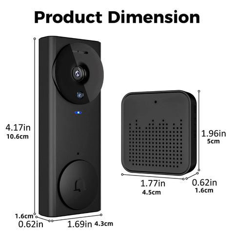 Dimensions of Wireless Wi Fi Video Doorbell Camera With Night Vision And Two Way Audio, HD Live Monitoring, Real Time Visitor Alerts.