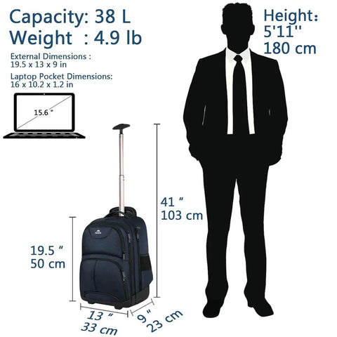 Rolling Laptop Backpack with Wheels for Men and Women Size Comparison with 5'11" Model and Dimension Details