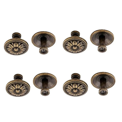Metal Flower Shape Pull Handle Cabinet Knob Bronze Tone Set Of 8 With Screws For Doors And Drawers on white background.