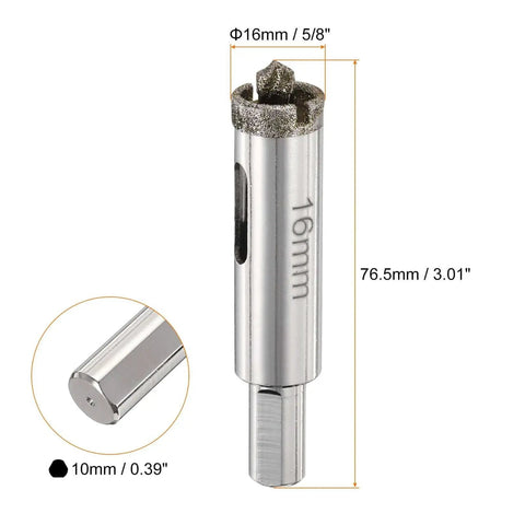 Diamond Drill Bit Hole Saw 16mm Core Cutter For Glass Tile Marble Porcelain Quartz Gemstone Aquariums With Center Guiding Bit Five Eighths Inch 10mm Shank 76.5mm Length Pro Grade, front view showing dimensions and shank details.