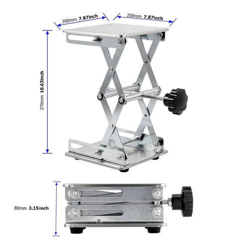 Side view of the 2 Pack 8x8 Inch Lab Scissor Jack Stainless Steel Lift Stand Platform 270mm with adjustable height mechanism.