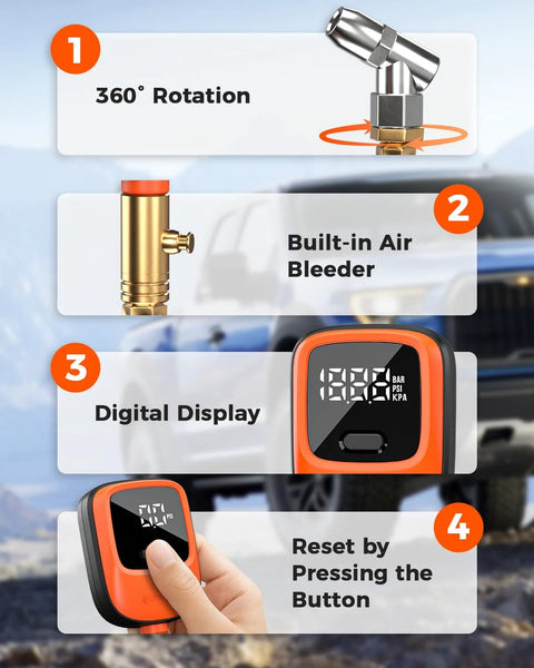 ETENWOLF T600 digital tire pressure gauge, orange handheld with black digital display; 360° rotation and built-in air bleeder.