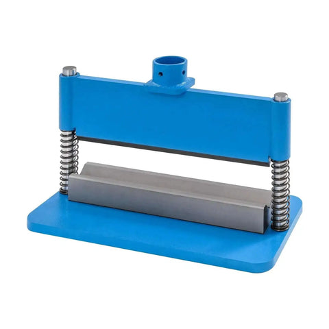 Front view of 12 Inch Shop Press Brake Attachment for 12 to 20 Ton Hydraulic Workshop Presses, 90 Degree Bend, blue metal fabrication tool.