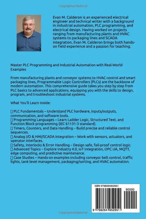 Back cover of 'Hands-On PLC Programming For Industrial Automation' showcasing contents overview and author photo.