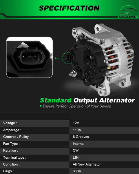 Stable Output Alternator For Kia Optima 2012 2013 2.0L L4 Sorento 2011 2012 2.4L L4 Hyundai Santa Fe 2010 2012 2.4L L4 visible with specifications