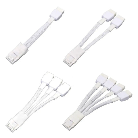 Set of four white braided 8-pin to 16-pin PCIe power cables with welded terminals for graphics cards
