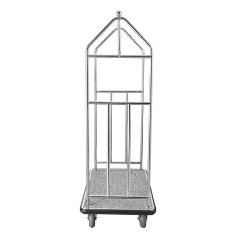 Front view of a hotel luggage cart with brushed stainless steel finish and grey carpeted deck bellman valet cart with 6 inch rubber wheels.