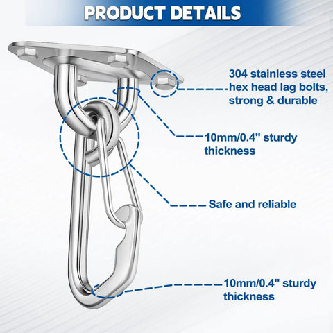 Heavy Duty Hammock Hanging Kit With Stainless Steel Pad Eye Hooks And Mounting Screws, 3600 Lbs Load Capacity For Indoor Outdoor Use, Ceiling Or Wall Anchor For Swing TRX Gym Or DIY Projects, Premium 304 Stainless Steel Hardware shown in close-up with details on thickness and bolts