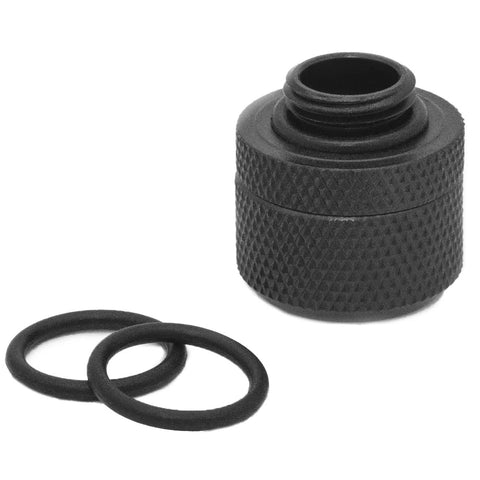 dracaena.io black G1/4 to 14mm OD hard tubing compression fitting with knurled body and two O-rings
