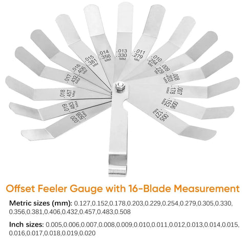 Offset gauge showing 16 blades with SAE and metric markings, part of Two Piece Feeler Gauge Set With 32 Blade Main Gauge And 16 Blade Offset Gauge Dual Marked SAE And Metric Sizes For Precise Mechanical Clearance Measurements Made From 65 Manganese Steel For Tough Wear Resistance And Elasticity.