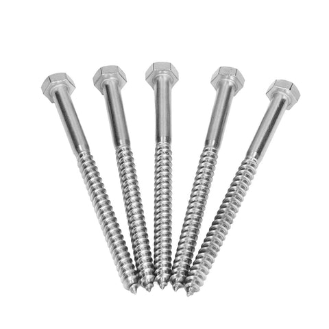 Front view of five Beefy Stainless Steel Wood Hex Lag Self Tapping Screws M8x120MM With Half Thread And Integrated Design.