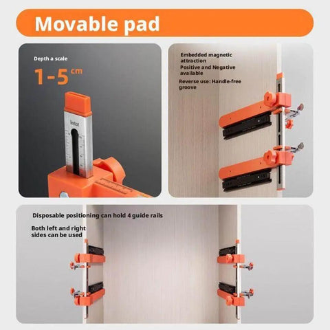 Drawer Slide Jig With Toggle Clamp And Magnetic Arm, Precision Cabinet Drawer Jig Tool With Laser Engraved Dual Scale Mark For Mounting Drawer Slides featuring movable pad display and magnetic adjustment.