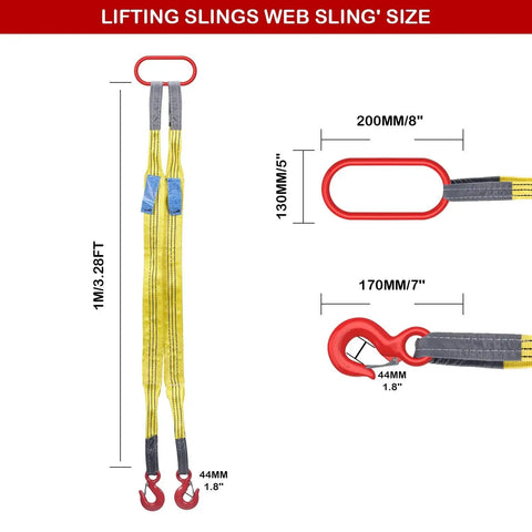Front view of two-leg bridle lifting sling with yellow polyester webbing, red hooks, 3.3 ft length, 13,227 lb capacity.