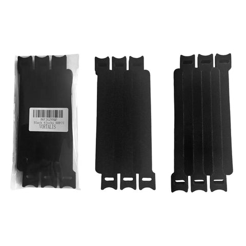 Six Inch Black Reusable Cable Ties For No Fuss Multi Purpose Cord Organization And Cable Management With Hook And Loop Fasteners Ideal For Home Office Data Centers And Tech Setups 60 Pack shown in packaging and separated.