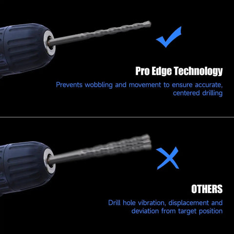 Masonry Drill Bit Set For Tough Jobs By Pro Edge, showing comparison of drill bit stability with Pro Edge Technology vs others
