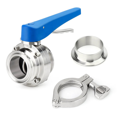 TAISHER 4-inch 304 stainless steel butterfly valve kit with blue lever handle, tri-clamp ferrule flange and clamp