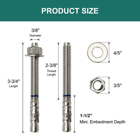 Three Eighths Inch By Three And Three Quarters Inch Concrete Anchors 25 Pack Stainless Steel Wedge Bolts product size diagram