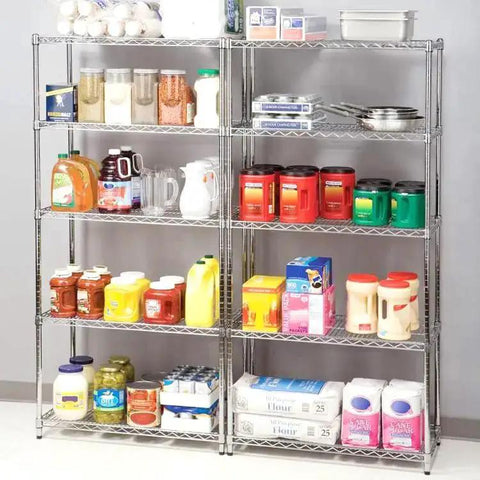 Metal shelving unit stocked with assorted groceries and containers, including jars, bottles, and cans, on a gray background.