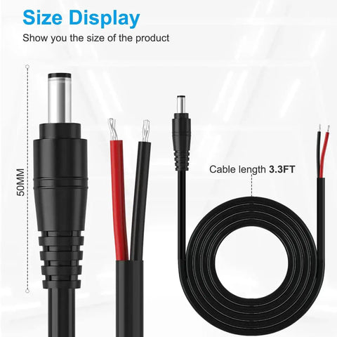 Premium 16AWG DC Power Pigtail Cable With 2.1mm By 5.5mm Barrel Plug Male To Bare Wire Open End Power Lead For CCTV Security Cameras 12V 24V 36V Compatible 3 Foot Black, showing 3.3 ft cable with red and black wires.