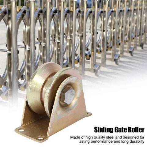 Two Pack 60mm Sliding Gate Rollers With Steel V Type Wheel, Heavy Duty Gate Wheel With Quiet Operation in front of a gate