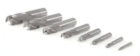 Eight Piece HSS Two-Flute End Mill Set for Milling Machines with Square Nose in Imperial Sizes from 1/8 to 5/8 Inch.