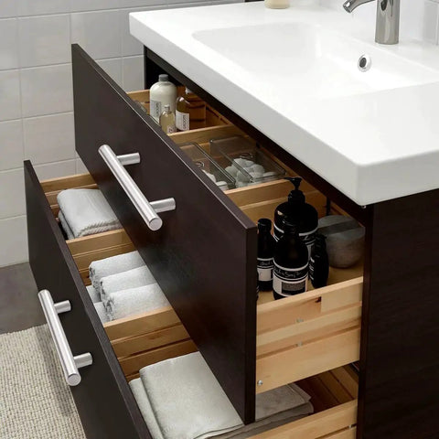 Brushed Nickel Finish Cabinet Handles And Drawer Pulls Stainless Steel Hollow Tubes installed on bathroom vanity drawers