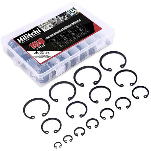 Pro Grade Internal Snap Ring Kit Set 150 Piece Alloy Steel Retaining Clip Ring Assortment In 15 Sizes From 8mm To 36mm For Automotive And Machinery Use Corrosion Resistant And High Temperature Endurance Easy Selection For DIY Projects shown with clear case and assorted sizes