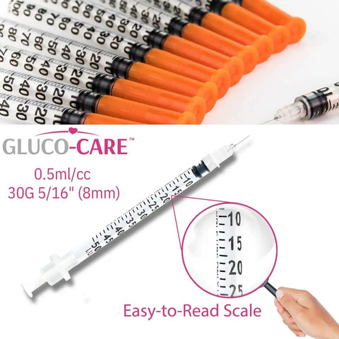 0.5ml Syringes 30G 5/16 Inch 8mm Leak-Proof With Clear Dosage Scale, 100 pack, arranged with close-up view of dosage scale