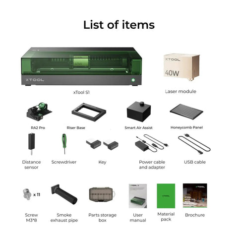 List of items for 40W Laser Cutter and Engraver for Big Projects With 23.93 by 15.16 Inch Bed, 600 mm Per Sec, Rotary Bundle by xTool