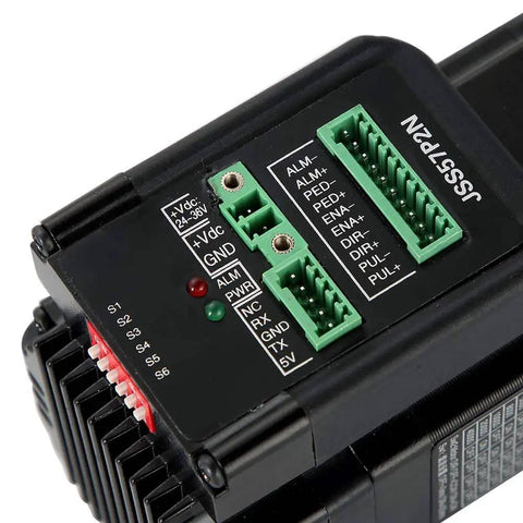 Close-up of Nema23 Closed Loop Stepper Motor With Integrated Digital Hybrid Servo Drive System 2 Nm Torque pins and connectors.