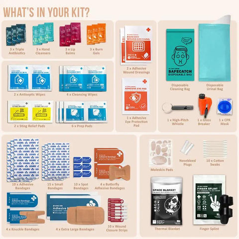 Contents of Car First Aid Kit With Emergency Supplies including bandages, antiseptic wipes, space blanket, disposable urine bag.