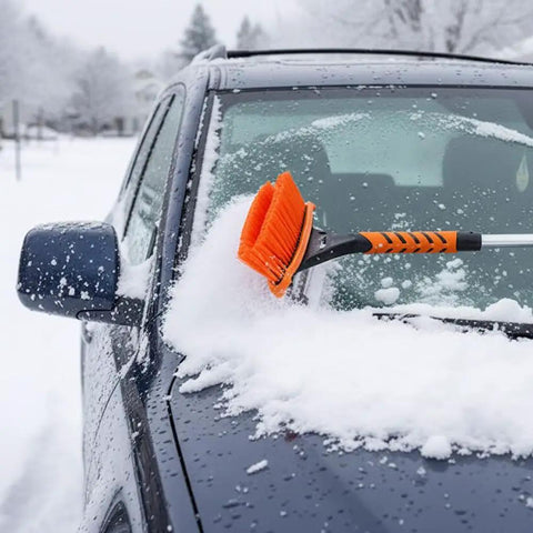 All In One 4 In 1 Car Snow Brush And Ice Scraper With 45 Inch Extendable Reach being used on a snowy truck windscreen.