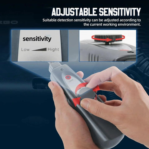 Hands adjusting sensitivity knob on Ultrasonic Leak Detector With Headphones Included For Steam Pipes And Automotive Noise Finding 40KHz Plus Or Minus 2KHz Range Adjustable Sensitivity 420Millimeter Probe High Sensitivity Sensor