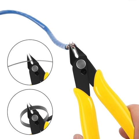 Five Pack Micro Flush Cutters With Internal Spring For Electronics cutting blue wire, close-up of yellow handles