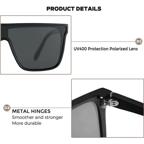 Close-up details of polarized square sunglasses for women and men oversized flat top design wide rectangular black shades with premium UV 400 protection ideal unisex fashion accessory for street style and everyday wear include durable frames