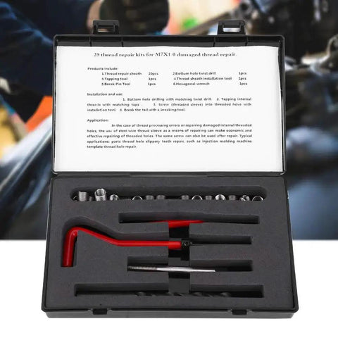 Open toolbox showing 25Pcs Pro Grade Thread Repair Kit M7x1 Stainless Steel Thread Inserts With Spiral Drill And Wrench For Auto Parts Includes 20 Threaded Inserts And Tap Tools To Repair Damaged Holes Quickly.