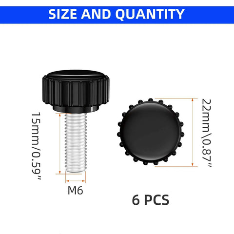 M6 X 15mm Threaded Knurled Thumb Screws With Round Plastic Clamping Knobs, Black Carbon Steel, 1.0mm Pitch, 6 Pack, size diagram