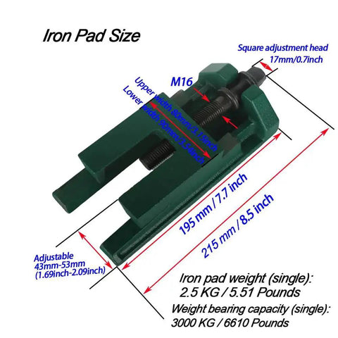 Adjustable Machine Leveling Feet With Cast Iron Pads Set Of 2; dimensions, M16 bolt details highlighted.