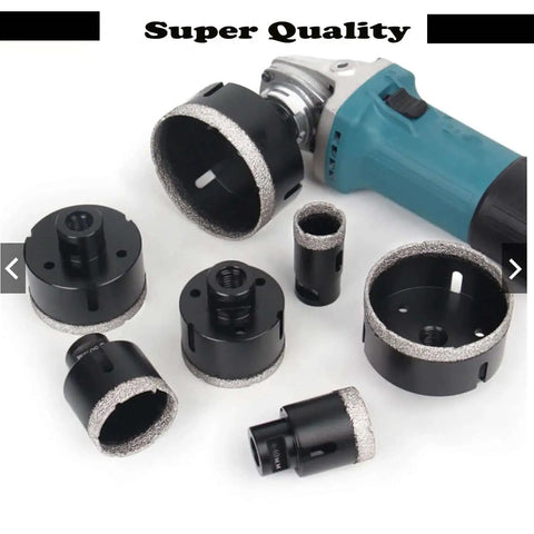 Dry Diamond Core Drill Bits For Porcelain Tile Granite Marble Glass Vacuum Brazed Hole Saw Kit Pro Grade displayed with drill.